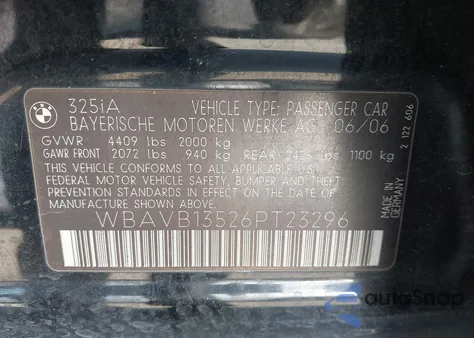 2006 BMW 325I z USA, uszkodzony, nr VIN WBAVB13526PT23296